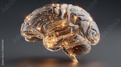 Human Brain Model with Neural Network Pathways Illuminated in Golden Light