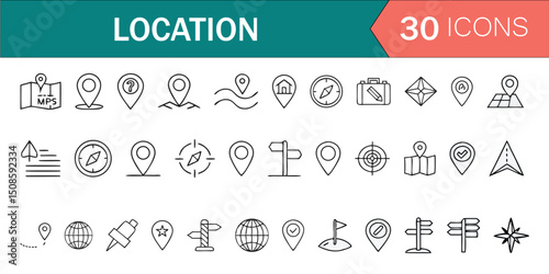 30+ location icons in modern line style including pin, GPS, map, compass, globe, navigation arrow, geotag, and route symbols. Suitable for GPS apps, travel dashboards, delivery tracking, maps, tourism