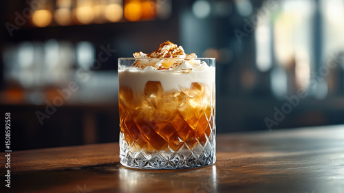 Cozy Winter Setting with Spiked Coffee and Rustic Accents, alcohol, coffee, drink, beverage, glass, cocktail, cup, restaurant, illustration, pub, hot, whiskey, set, background, bar, vector, bottle. 