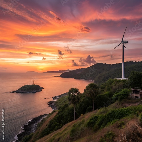 Dramatic Sunset at Promthep Cape Viewpoint with Wind Turbine, Phuket