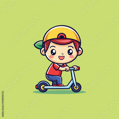 Playful tiny boy riding a scooter cartoon vector illustration