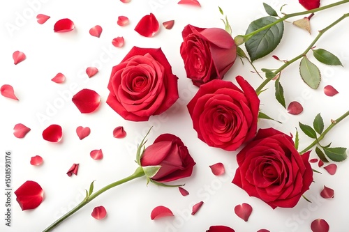 Beautiful Red Roses with Petals on a White Background