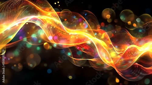 Abstract waves of yellow, orange, and red light swirl on a black background with floating circles and confetti dots of various colors