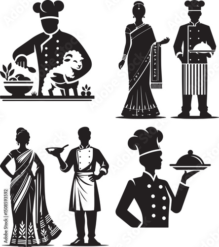 A set of black and white vector illustrations featuring chefs and women in traditional attire