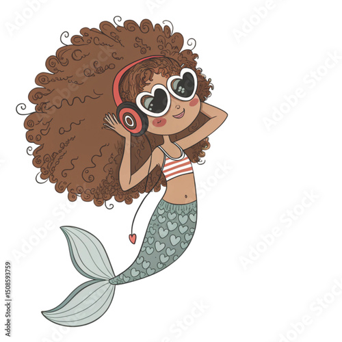 Cute mermaid headphones Whimsical Hand-Drawn Love Clipart , White Background