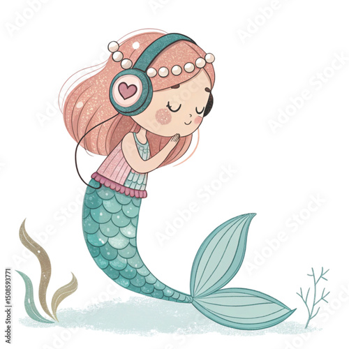 Cute mermaid headphones Whimsical Hand-Drawn Love Clipart , White Background