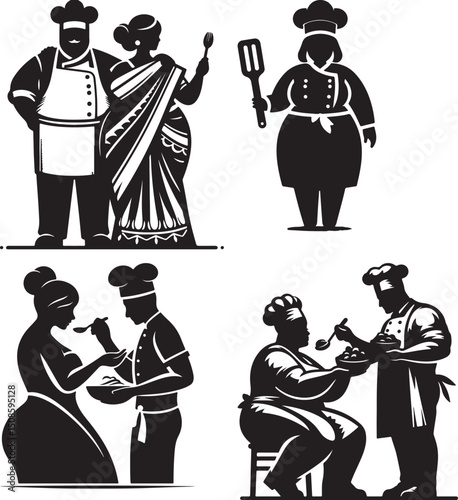 Four sets of black and white chef illustrations featuring couples and individual chefs with tools