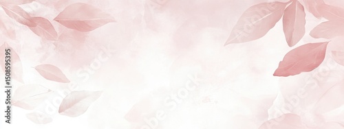 Soft pastel pink background with scattered tropical leaves in watercolor effect. Generative AI
