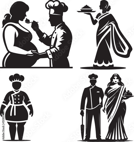 A collection of black and white vector illustrations featuring chefs and women in saris in various poses