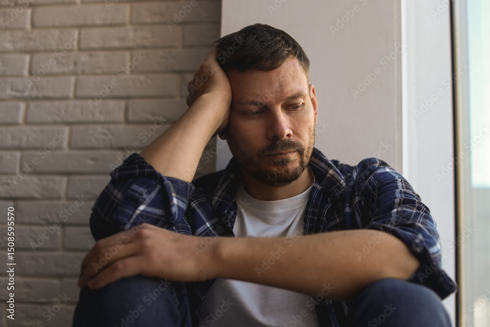 Obraz premium Depressed man sitting near window at home