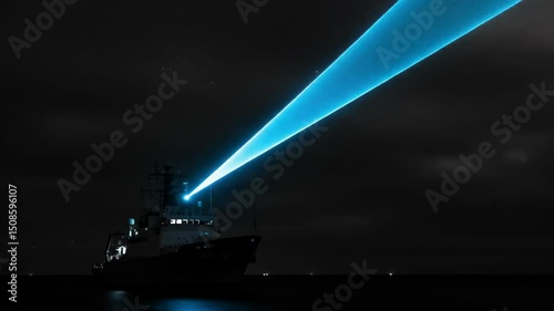 Navy ship emitting powerful blue laser beam at night sky