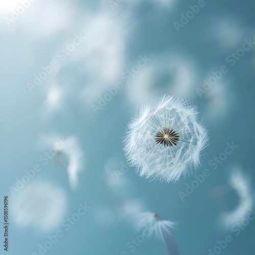 a photograph of a single white dandelion seed head floating in the air