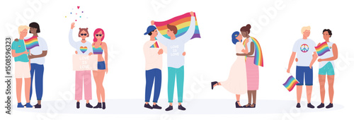 LGBT couple people vector illustration. Cartoon flat happy interracial LGBTQ community, young homosexual lover characters standing together and hugging, holding rainbow love flag set isolated on white