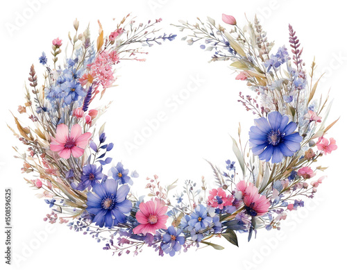  Wreath frame with watercolor pastel fragile wildflowers, stems and tiny leaves, isolated png