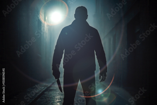 Threatening silhouette holding knife in dark alley, night urban crime scene, concept of fear, violence, insecurity, criminal, menace, danger