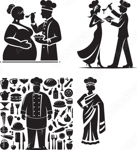 A collection of black and white chef illustrations featuring various culinary themes and figures
