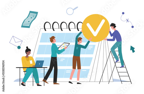 Business people planning vector illustration. Cartoon flat employee character team working together on business plan, scheduling week or month task in office planner calendar concept isolated on white