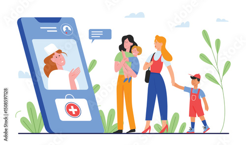 Online doctor medical consultation vector illustration. Cartoon flat family patient people, mother with child consulting doctor on smartphone screen, telemedicine application concept isolated on white