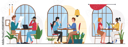 People eat in cafe flat vector illustration. Cartoon friend characters group eating lunch or dinner in cafeteria or food court interior, meeting for business or friendly conversation isolated on white