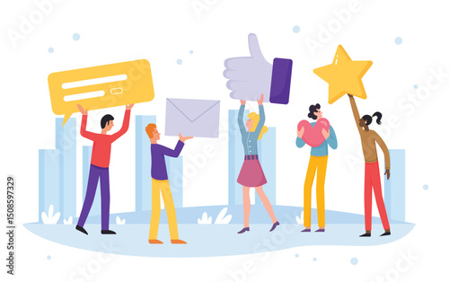 People rate online vector illustration. Cartoon flat customer characters leave positive recommend feedback, rating stars, good reviews, comments or likes in social media concept isolated on white
