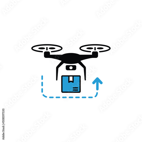Drone with Package and Blue Path Indicating Delivery for Modern Air Transport and Automated Logistics Service