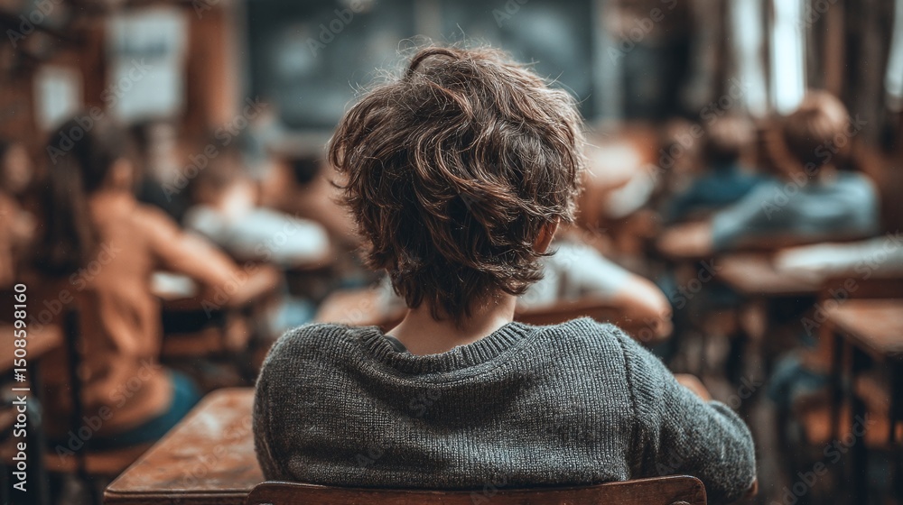 Fototapeta premium Student in a classroom, view from behind, focusing on the student's hair and back. A familiar setting for learning, education and academic persuits.