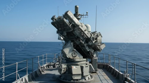 Overhead view of military naval vessel surface to air missile defense system on calm blue ocean waters photo