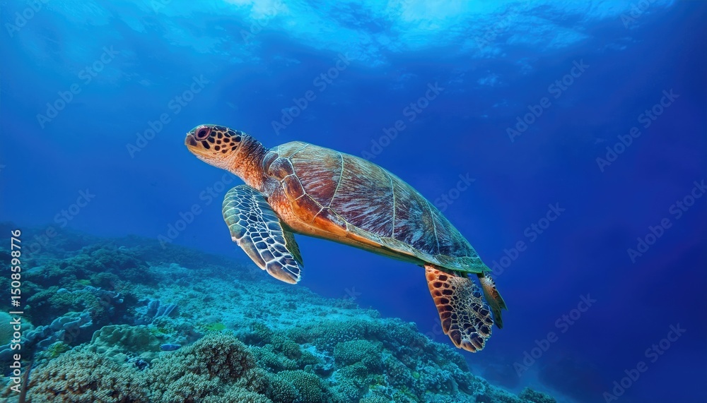 Fototapeta premium Sea Turtle swimming in clear blue water