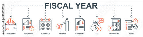 fiscal year banner web icon set vector illustration concept with icon of budgeting, reporting, calendar, revenue, statement, tax, accounting, audit