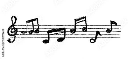 Charcoal black scribble music notation on blackboard. Handwritten pop design with notes and clean lines. Cute childish music school white pastel or wax pencil signs