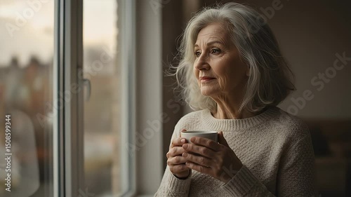 Peaceful senior woman contemplating outdoors through window
