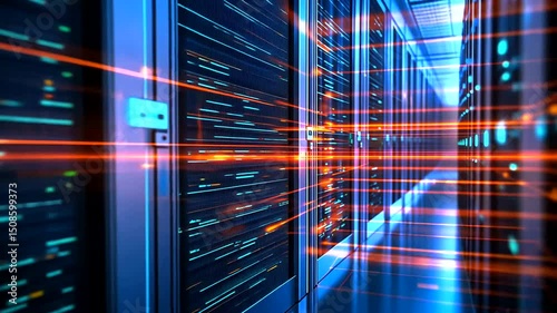 Rows of futuristic blue servers with orange data streams cascading between them, creating a digital landscape of information flow