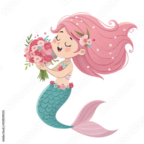 Cute mermaid  Holding a bouquet of The most beautiful bouquet in Japan  Whimsical Hand-Drawn , White Background