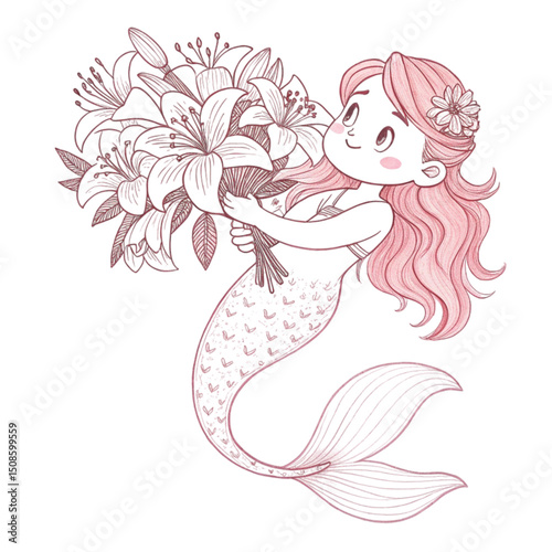 Cute mermaid  Holding a bouquet of The most beautiful bouquet in Japan  Whimsical Hand-Drawn , White Background