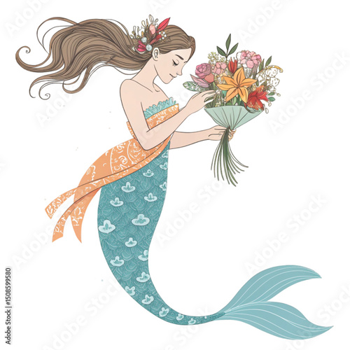 Cute mermaid  Holding a bouquet of The most beautiful bouquet in Japan  Whimsical Hand-Drawn , White Background