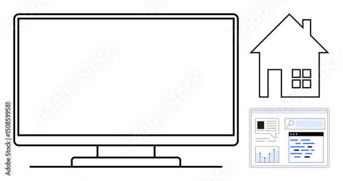 Large computer monitor, house outline, and web browser window with analytics and search. Ideal for remote work, technology, communication, data, analytics, home office simple landing page