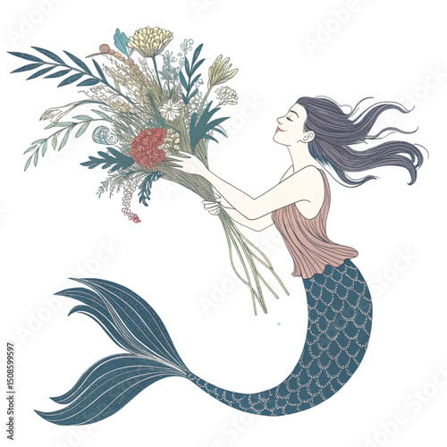 Cute mermaid  Holding a bouquet of The most beautiful bouquet in Japan  Whimsical Hand-Drawn , White Background