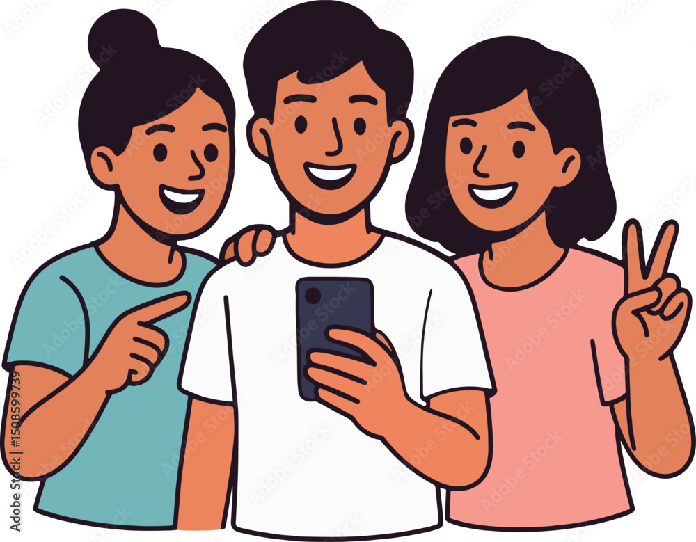 Fototapeta premium Selfie With Friends Vector Illustration on White Background.