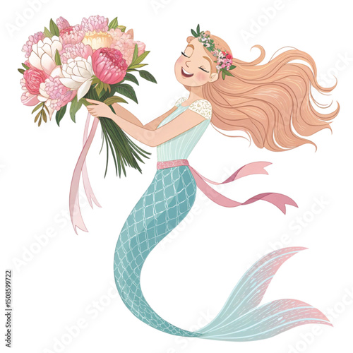 Cute mermaid  Holding a bouquet of The most beautiful bouquet in Japan  Whimsical Hand-Drawn , White Background