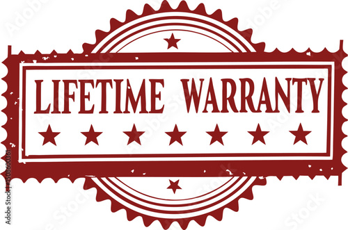 Distressed Red Lifetime Warranty Stamp with Stars on a White Background Design.