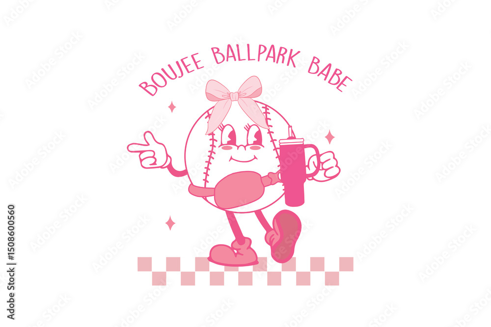 Obraz premium Boujee ballpark babe - cartoon baseball character with drink, Pink Coquette Sublimation Design