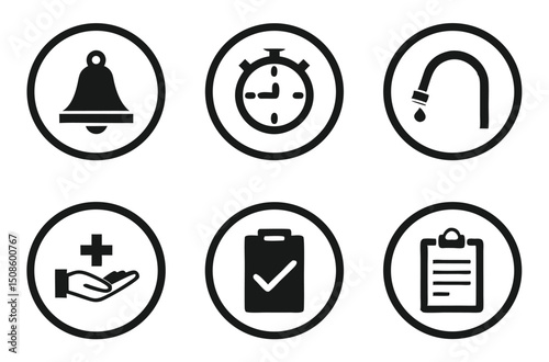 Hygiene and Reminder Icon Set – Handwashing, Bell, Clock, Checklist Vector Symbols