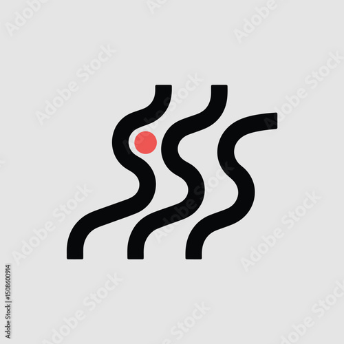 Abstract black wavy lines forming a modern, minimalistic design with a single red dot accent on a light gray background, representing flow or path visualization in a clean vector graphic style.