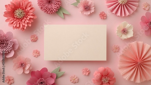 Floral flat lay: Colorful paper flowers frame a blank card on a soft pink background. Perfect for greetings, invitations, or product displays.