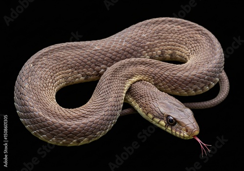 Close-up of a brown snake, coiled and viewed from above