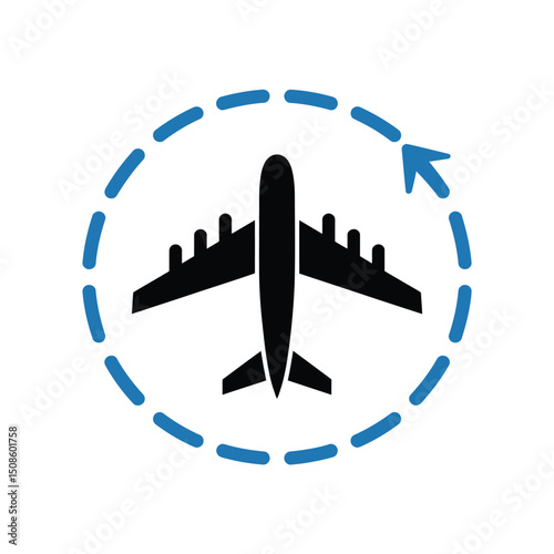 Black airplane icon centered inside a blue circular dashed arrow representing rotation or return flight, set on a white background with clean, minimalist style for clear emphasis on the aviation theme