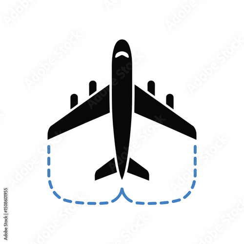 Simple black airplane icon with blue dotted curved trail below wings indicating flight path or return route, presented on a clean white background for easy visibility and minimal design aesthetics