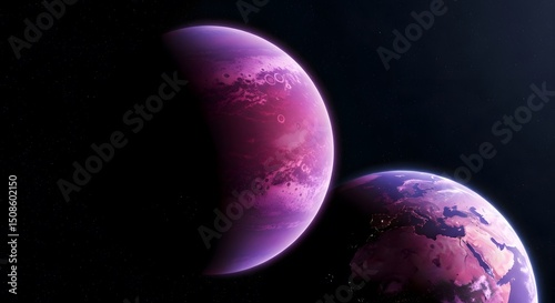 planet in space.Mystic Planets: Violet & Earth-like Duo in Deep Space.