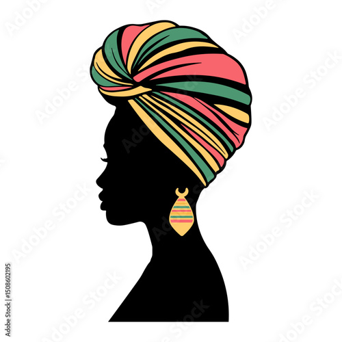 Silhouette of African woman in colorful turban with earring, or woman in decorative headdress, without background