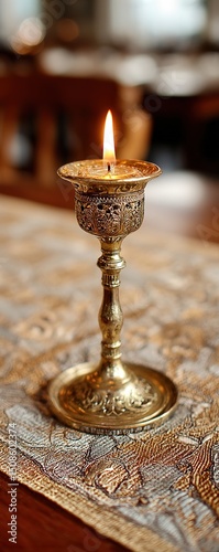 Golden Candle Holder With Lit Flame